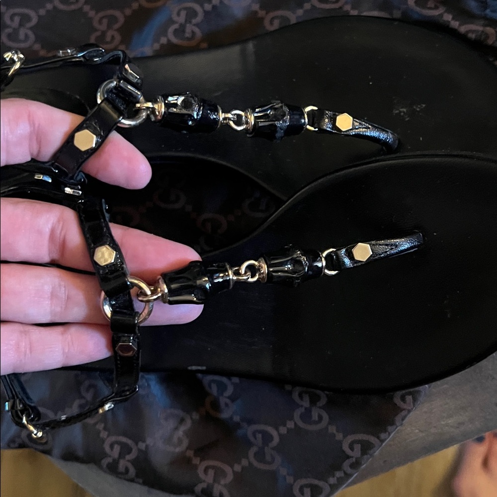 🛑 1 hour sale. GUCCI, size 7, Black Leather Bamboo Sandals w/ COA & dust bag - Picture 14 of 15